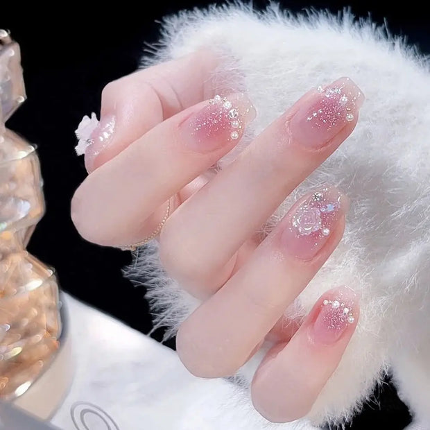 24pcs False Nail Full Cover Fake Nail Elegant Pink Gradient Glitter French Short Nails Coffin Short False Nail Press